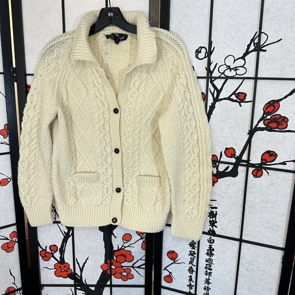 Standun Hand Knit Ivory Wool Cardigan Sweater Ireland Cable Chunky Knit Size S/M